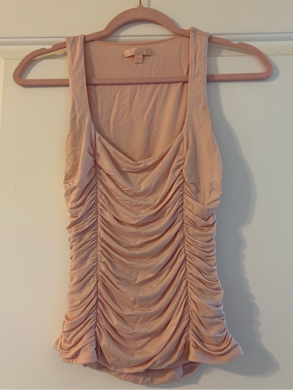 GUESS Pink Scoop Neck Y2K Sleeveless Top Ruched Front Cinched Coquette Womens XS